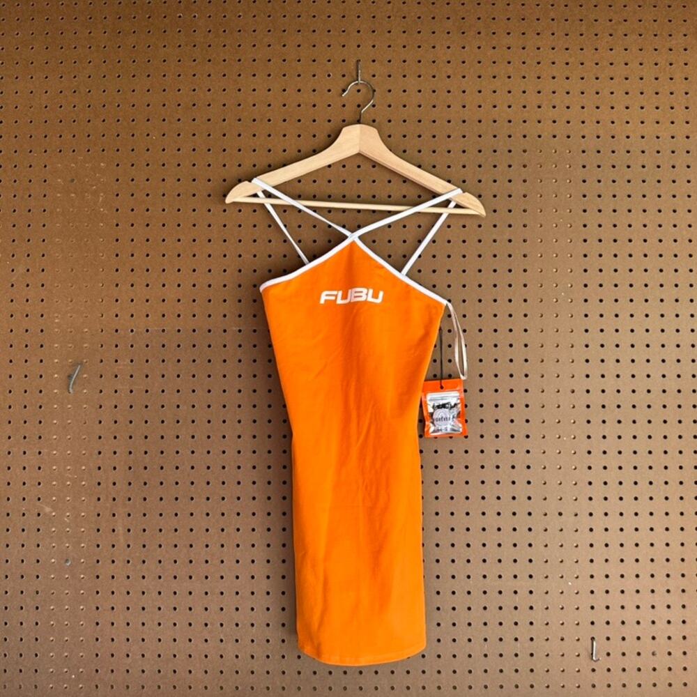 Vintage FUBU Y2K Orange Bodycon Mini Dress Womens S NWT Criss Cross Strap